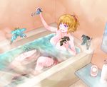  bath bathroom bathtub blonde_hair blue_eyes breasts geara_doga gm_(mobile_suit) grin gundam gundam_build_fighters gundam_build_fighters_try gunpla hoshino_fumina hygogg kapool large_breasts nipples nude playing ponytail scrunchie smile solo steam tamago_tomato water zaku_ii 