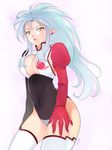  ai:_tenchi_muyou! asylum blue_hair breasts cleavage cleavage_cutout covered_navel earrings elbow_gloves gloves highres jewelry large_breasts leotard long_hair parted_lips pointy_ears ryouko_(tenchi_muyou!) solo spiked_hair tenchi_muyou! thighhighs yellow_eyes 