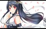  bare_shoulders black_hair breasts cherry_blossoms detached_sleeves fusou_(kantai_collection) hair_ornament hasu_(velicia) headband japanese_clothes kantai_collection large_breasts long_hair low-tied_long_hair nontraditional_miko obi petals red_eyes sash smile solo 