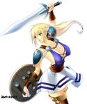  1girl blonde_hair boots breasts cleavage large_breasts long_hair noriheita shield sideboob simple_background solo sophitia_alexandra soul_calibur sword thigh_boots thighhighs weapon white_background 
