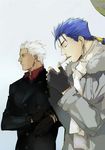  archer blue_hair cigarette crimo dark_skin dark_skinned_male fate/stay_night fate_(series) fingerless_gloves gloves lancer multiple_boys ponytail white_hair winter_clothes 