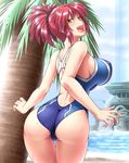  absurdres ass azanami_(pso2) blush breasts competition_swimsuit covered_nipples highres large_breasts looking_back one-piece_swimsuit open_mouth palm_tree phantasy_star phantasy_star_online_2 ponytail red_hair short_hair smile solo swimsuit taro tree water wet yellow_eyes 