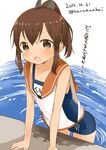  brown_eyes brown_hair dated hair_ornament highres i-401_(kantai_collection) kantai_collection looking_at_viewer muku_(muku-coffee) open_mouth ponytail school_swimsuit solo swimsuit swimsuit_under_clothes translated twitter_username wet wet_clothes 