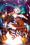  absurdly_long_hair aqua_eyes aqua_hair demon_wings halloween hatsune_miku highres jack-o'-lantern jumping long_hair open_mouth phino skirt solo striped striped_legwear thighhighs twintails very_long_hair vocaloid wand wings 