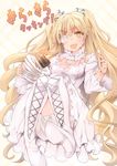  1girl blonde_hair boots breasts cake cleavage dress eyepatch flower food fork kirakishou long_hair medium_breasts plate rose rozen_maiden smile solo thigh_boots thighhighs tousen twintails very_long_hair yellow_eyes 