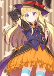  :q blonde_hair broom brown_hair bubble_skirt capelet halloween hat holding hyuuga_azuri long_hair looking_at_viewer orange_skirt original skirt solo striped striped_legwear thighhighs tongue tongue_out witch_hat 