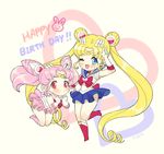  back_bow bishoujo_senshi_sailor_moon blonde_hair blue_eyes blue_sailor_collar boots bow chibi_usa choker double_bun elbow_gloves gloves hair_ornament happy_birthday jewelry knee_boots long_hair magical_girl multiple_girls one_eye_closed pink_footwear pink_hair pink_sailor_collar purin_(dillahooni) red_bow red_eyes red_footwear sailor_chibi_moon sailor_collar sailor_moon sailor_senshi sailor_senshi_uniform skirt smile tiara tsukino_usagi twintails v white_gloves 