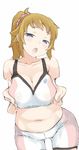 1girl animated animated_gif blonde_hair blue_eyes blush breast_grab breasts cleavage female grabbing gundam gundam_build_fighters gundam_build_fighters_try hoshino_fumina hybrid_animation large_breasts lowres midriff navel nipples open_mouth plump simple_background solo white_background 