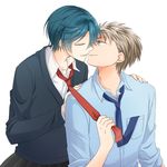  1girl blue_hair brown_eyes brown_hair closed_eyes gekkan_shoujo_nozaki-kun hori_masayuki imminent_kiss kashima_yuu kosuke_(pixiv2100845) necktie necktie_grab neckwear_grab reverse_trap school_uniform short_hair white_background 