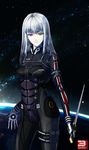  aqua_eyes bangs bodysuit borrowed_character character_name commentary english_commentary heterochromia highres khaos_(blackmoth) long_hair mass_effect mass_effect_3 n7_armor original purple_eyes reverse_grip rosa_petrovsky solo sword weapon white_hair 