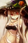  bandages bare_shoulders bottomless breasts character_request cleavage hat horns large_breasts long_hair maho_moco navel pumpkin red_eyes silver_hair simple_background solo 
