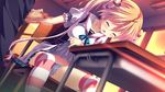  1girl blush brown_hair censored eyes_closed game_cg kanojo_ga_ore_ni_kureta_mono._ore_ga_kanojo_ni_ageru_mono. kojima_alice long_hair onomatope penis shiratama striped striped_legwear thighhighs twintails 