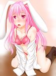  animal_ears black_legwear blush bra breasts bunny_ears cleavage collarbone long_hair looking_at_viewer medium_breasts midriff navel open_clothes open_mouth open_shirt panties pink_bra pink_eyes pink_hair pink_panties reisen_udongein_inaba shirt solo totororo touhou underwear v wavy_mouth 