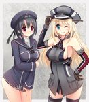 ;p alternate_costume aqua_eyes atago_(kantai_collection) bismarck_(kantai_collection) bismarck_(kantai_collection)_(cosplay) black_hair blonde_hair breasts clothes_writing cosplay covering covering_crotch hat kantai_collection large_breasts long_hair looking_at_viewer md5_mismatch multiple_girls one_eye_closed peaked_cap purple_eyes rizuriri sailor_hat short_hair sideboob takao_(kantai_collection) thighhighs tongue tongue_out z1_leberecht_maass_(kantai_collection) z1_leberecht_maass_(kantai_collection)_(cosplay) 