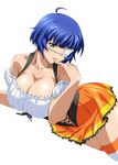  1girl blue_hair breasts eyepatch green_eyes ikkitousen large_breasts official_art ryomou_shimei short_hair smile solo 