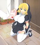  1girl blonde_hair blue_eyes blush breasts cleavage door fake_translation female flower flower_bed flyer green_eyes heart heterochromia high_heels holding_paper kneeling large_breasts looking_at_viewer nun official_art open_mouth paper porch ryouna_(senran_kagura) senran_kagura senran_kagura_new_wave short_hair smile solo thighhighs translated white_legwear yaegashi_nan 