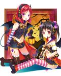  bat_wings belt black_hair blush boots bow cape detached_sleeves fingerless_gloves gloves halloween happy headset horns kneeling lantern looking_at_viewer love_live! love_live!_school_idol_project multiple_girls natsuki_shuri navel nishikino_maki open_mouth purple_eyes red_eyes red_hair short_hair skirt smile striped striped_gloves striped_legwear thigh_boots thighhighs twintails wings yazawa_nico 