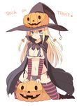  alternate_costume bikini bismarck_(kantai_collection) blonde_hair blue_eyes blush boots bow breasts cape cleavage detached_sleeves full_body hair_bow halloween hat highres jack-o'-lantern kantai_collection large_breasts long_hair looking_at_viewer navel oota_yuuichi side-tie_bikini simple_background solo striped striped_legwear swimsuit thighhighs trick_or_treat white_background witch_hat 