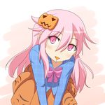  blush candy cato_(monocatienus) food food_in_mouth hata_no_kokoro head_tilt lollipop long_hair looking_at_viewer mask mask_on_head pink_eyes pink_hair pumpkin smile solo touhou unmoving_pattern v_arms 