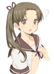  ? ayanami_(kantai_collection) blush brown_hair hair_ribbon kantai_collection kawata_hisashi long_hair looking_at_viewer open_mouth ribbon school_uniform serafuku side_ponytail simple_background solo white_background 
