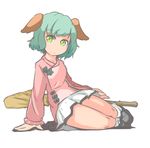  animal_ears bamboo_broom borisx broom dress green_eyes green_hair highres kasodani_kyouko no_nose short_hair simple_background sitting smile solo touhou white_background 