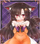  animal_ears bare_shoulders blush brooch brown_hair collarbone dress ears_down fangs fingernails hair_ornament halloween imaizumi_kagerou jack-o'-lantern jewelry long_hair long_sleeves looking_at_viewer mofu_mofu nail_polish open_mouth red_eyes sharp_fingernails solo tail tears touhou translated trembling wolf_ears wolf_tail 