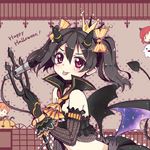  :p bat_wings black_hair brown_hair demon_tail fake_horns halloween highres hoshizora_rin looking_at_viewer love_live! love_live!_school_idol_project microphone multiple_girls nishikino_maki north_abyssor polearm red_eyes red_hair tail tongue tongue_out trident twintails weapon wings yazawa_nico 