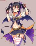  bat_wings belt black_hair blush bow character_name dated demon_horns demon_tail detached_sleeves fake_horns fingerless_gloves garter_straps gloves grin hair_ribbon halloween headset heart highres horns lips love_live! love_live!_school_idol_project midriff navel one_eye_closed pink_background purple_background ribbon skirt smile star striped striped_gloves striped_legwear tail tattoo thighhighs twintails wings yazawa_nico yu-ta 