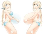  1girl areolae artist_request ball bare_shoulders beachball before_and_after bikini blonde_hair blue_bikini blue_eyes blush boku_wa_tomodachi_ga_sukunai breast_expansion breast_hold breasts comparison gigantic_breasts hair_ornament highres holding_breasts kashiwazaki_sena large_breasts long_hair looking_at_viewer nipples nude open_mouth ponytail surprised swimsuit topless 