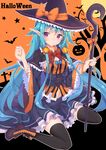  abusoru black_legwear blue_hair boots breasts cleavage halloween hat holding long_hair looking_at_viewer medium_breasts original pointy_ears purple_eyes sitting solo staff thighhighs witch_hat zettai_ryouiki 