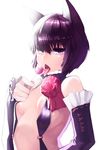  absurdres animal_ears bad_id bad_pixiv_id bare_shoulders breasts candy detached_sleeves doku-chan_(dokkudokudoku) food highres lollipop original purple_eyes purple_hair short_hair simple_background small_breasts solo tongue white_background 