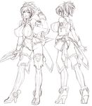  1girl azanami_(pso2) bare_shoulders breasts detached_sleeves female high_heels highres huge_breasts leotard monochrome multiple_persona open_mouth phantasy_star phantasy_star_online_2 ponytail shoes short_hair short_ponytail simple_background sketch standing taro thighhighs white_background 