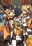  1girl blonde_hair blue_eyes brother_and_sister cross_akiha detached_sleeves hat highres horns jack-o'-lantern kagamine_len kagamine_rin short_hair siblings sword tail vocaloid weapon wings witch_hat 