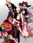  5girls amagi_yukiko angel_wings animal_ears black_hair blonde_hair blue_hair brown_hair candy cat_ears cat_tail demon_horns demon_tail doujima_nanako everyone fake_halo food frankenstein's_monster frankenstein's_monster_(cosplay) grey_hair halloween halloween_costume halo hanamura_yousuke hat horns jack-o'-lantern kujikawa_rise kuma_(persona_4) lollipop long_hair multiple_boys multiple_girls narukami_yuu persona persona_4 persona_4_the_golden pumpkin ribbon saeuchobab satonaka_chie shirogane_naoto short_hair smile stitches tail tatsumi_kanji thighhighs trick_or_treat vampire vampire_costume wings witch_hat wolf_ears wolf_tail 