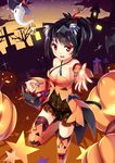  absurdres animal_ears ass_visible_through_thighs bare_shoulders basket bat_hair_ornament black_hair blush breasts candy cat_ears cat_tail cleavage cross detached_sleeves fangs food ghost grave hair_ornament hair_ribbon halloween halloween_basket halloween_costume hat highres jack-o'-lantern kaede_(003591163) lantern large_breasts looking_at_viewer open_mouth original outstretched_hand panties polka_dot polka_dot_panties ponytail pumpkin ribbon see-through short_hair smile solo striped striped_legwear tail thighhighs underwear witch_hat zettai_ryouiki 
