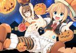  :d blonde_hair bloomers blue_eyes bra braid breasts brown_eyes brown_hair chestnut_mouth cleavage colored_stripes dodome-iro_mayonnaise fang glasses gloves halloween jack-o'-lantern large_breasts long_hair midriff multiple_girls navel open_mouth orange_bra original short_hair small_breasts smile striped striped_legwear thighhighs underwear underwear_only 