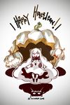  2014 absurdres big_hair breasts chibi cleavage covered_mouth dated deel_(rkeg) dress hairpods halloween happy_halloween highres jack-o'-lantern kantai_collection long_hair medium_breasts midway_hime pale_skin red_eyes shinkaisei-kan solo strapless strapless_dress very_long_hair white_dress white_hair 