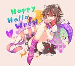  bangle bat bat_wings black_hair bow bracelet candy colored_stripes directional_arrow dress food halloween happy_halloween highres horns jewelry kaenuco kijin_seija lollipop multicolored_hair open_mouth panties pantyshot red_eyes red_hair short_hair smile solo streaked_hair striped striped_legwear touhou underwear white_hair wings 