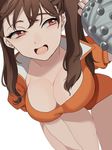  :d arm_up bad_id bad_pixiv_id bangs bent_over blurry breasts brown_hair cleavage cowboy_shot depth_of_field diane_(nanatsu_no_taizai) downblouse dutch_angle gauntlets gloves hand_on_own_knee high_collar highres large_breasts leotard long_hair looking_away mihatarou nanatsu_no_taizai naughty_face open_mouth orange_leotard puffy_short_sleeves puffy_sleeves red_eyes short_sleeves smile solo thigh_gap thighs twintails white_background 