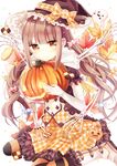  autumn_leaves bangs blunt_bangs bone boots boyano brown_eyes brown_hair candy carrying checkerboard_cookie cookie dress elbow_gloves food frilled_dress frills gloves halloween hat jack-o'-lantern long_hair looking_at_viewer original pumpkin sitting skeletal_arm smile solo striped striped_legwear witch_hat 