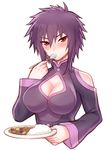  bare_shoulders breasts cleavage cleavage_cutout curry curry_rice eating folks_(nabokof) food large_breasts liebert looking_at_viewer majin_bone purple_hair red_eyes rice short_hair solo spoon 