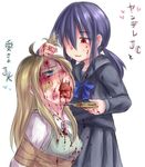  2girls aosora_(mizore) bandage bdsm blonde_hair blood blue_eyes bondage bound cutting guro knife multiple_girls original purple_hair red_eyes school_uniform serafuku skirt twintails yandere yuri 