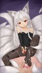  animal_ears bare_shoulders breasts censored cum cum_on_clothes elbow_gloves footjob fox_ears fox_tail gloves halloween long_hair multiple_tails original pantyhose penis pussy red_eyes small_breasts spread_pussy tail tenyoshi_(briansept) torn_clothes torn_legwear white_hair 