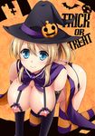  all_fours alternate_costume ayase_eli black_bra black_gloves black_panties blonde_hair blue_eyes blush bra breasts cape colored_stripes cupless_bra gloves halloween hat huge_breasts ishigami_kazui jack-o'-lantern looking_at_viewer love_live! love_live!_school_idol_project nippleless_clothes nipples panties side-tie_panties smile solo striped striped_legwear thighhighs trick_or_treat underwear witch_hat 