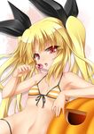  arm_support armpits bangs bikini black_ribbon blazblue blonde_hair breasts candy eyebrows_visible_through_hair eyelashes food front-tie_top gradient gradient_background groin hair_ribbon highres holding holding_food jack-o'-lantern long_hair looking_at_viewer navel open_mouth pink_background rachel_alucard red_eyes ribbon roura shiny shiny_hair small_breasts solo stomach string_bikini striped striped_bikini swimsuit tongue tongue_out twintails upper_body 