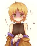  bad_id bad_pixiv_id bare_shoulders blonde_hair breasts green_eyes looking_at_viewer medium_breasts mizuhashi_parsee off_shoulder shaded_face shinoba shirt short_hair simple_background sleeveless sleeveless_turtleneck solo touhou turtleneck undressing upper_body white_background 