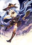  :d bare_shoulders bison_cangshu black_gloves blue_eyes blue_hair broom broom_riding elbow_gloves full_moon gloves halloween hat hatsune_miku long_hair looking_at_viewer moon navel open_mouth riding smile solo striped striped_legwear twintails very_long_hair vocaloid witch_hat 