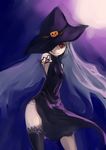  absurdres bare_shoulders black_dress black_legwear breasts dress halloween halterneck hat hat_over_one_eye highres johan_(johan13) long_hair original pointing pointing_at_viewer red_eyes side_slit silver_hair single_thighhigh sleeveless sleeveless_dress small_breasts solo thighhighs very_long_hair witch_hat 