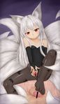  animal_ears bare_shoulders breasts censored elbow_gloves footjob fox_ears fox_tail gloves halloween long_hair multiple_tails original pantyhose penis pussy red_eyes small_breasts spread_pussy tail tenyoshi_(briansept) torn_clothes torn_legwear white_hair 