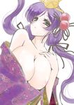  areolae bare_shoulders blush breasts clothes_down floral_print frapowa green_eyes hair_ornament hand_on_own_shoulder hinamatsuri japanese_clothes kimono large_breasts long_hair love_live! love_live!_school_idol_project purple_hair saishi solo toujou_nozomi twintails 